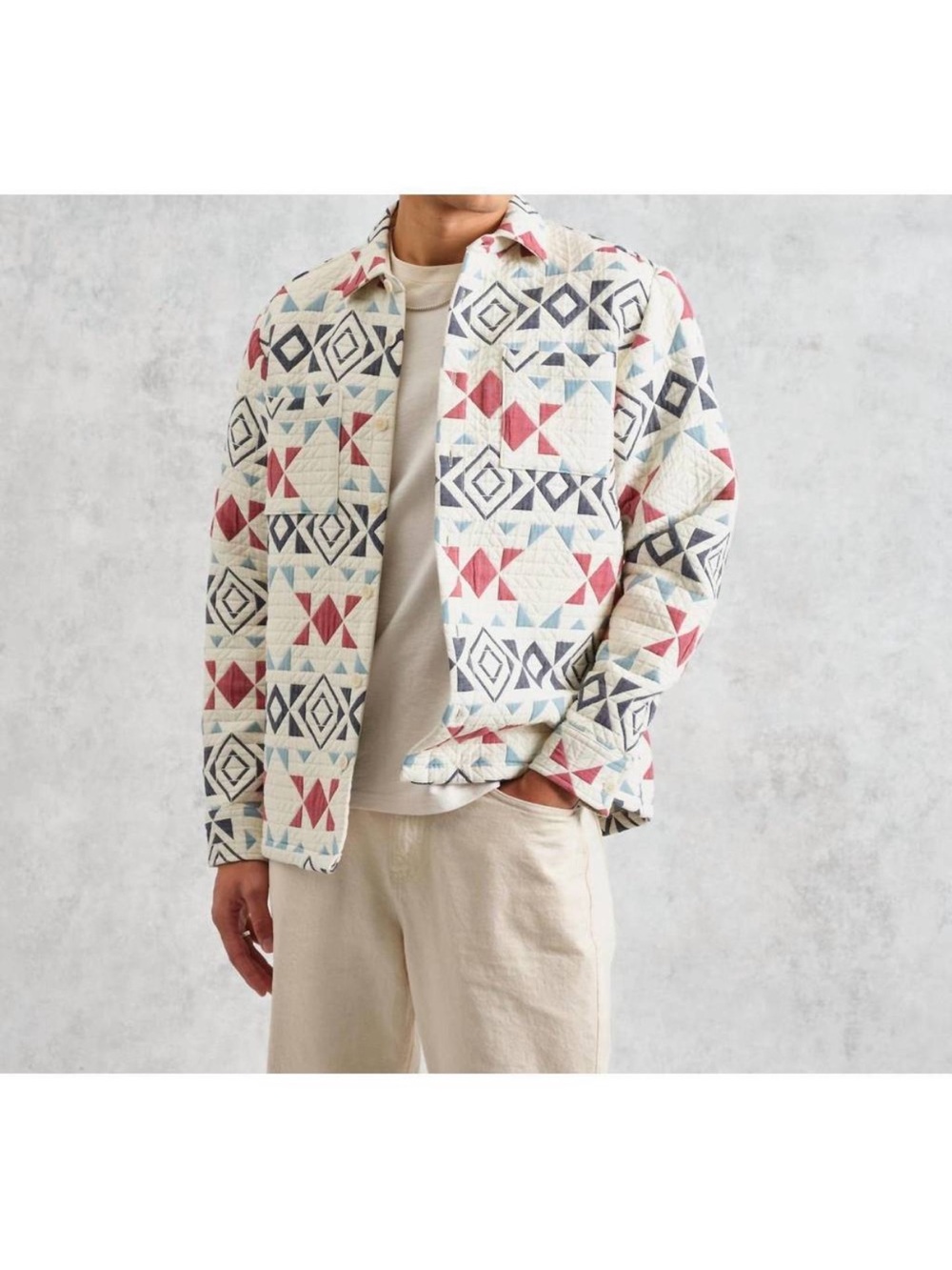 WAX LONDON otto overshirt in ecru and red quilted Size XL